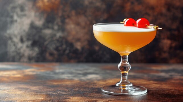  a close up of a drink in a wine glass with a garnish and two cherries on the rim.