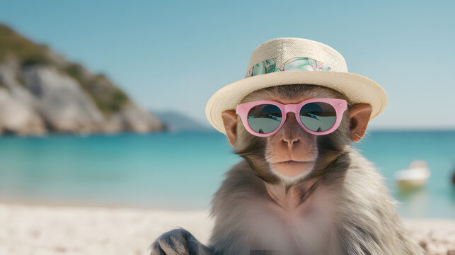 A monkey with sunglasses and hat on the beach, sea in background. Abstract animal concept. Summer tropical composition.