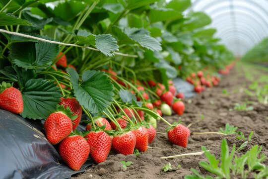Growing strawberry harvest and producing vegetables cultivation in greenhouse. Concept of small eco green business organic farming gardening and healthy food