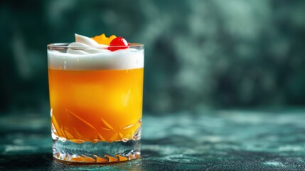  a close up of a drink in a glass with a garnish and a cherry on the top of it.