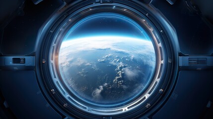 spaceship round window with sunrise over planet view, space station porthole illuminator with planetary sunset view, astronomy background - obrazy, fototapety, plakaty