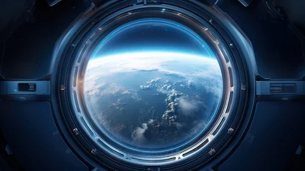Fotobehang spaceship round window with sunrise over planet view, space station porthole illuminator with planetary sunset view, astronomy background © goami