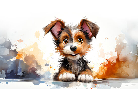 Cute doggie with big eyes made with colorful watercolor paints.