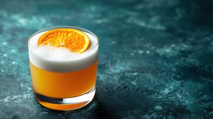  a glass of orange juice with a slice of an orange on the rim of the glass in front of it.