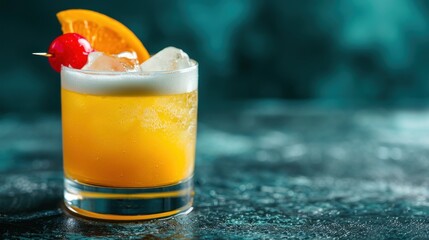  a glass of orange juice with a cherry garnish and a cherry garnish on top of it.