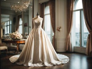 Fototapeta na wymiar A beautiful, stylish wedding dress or bridal dress hanging on a mannequin in a luxury boutique. Fashion look. Interior of bridal salon design.