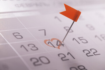 Valentines day. Calendar with circled date february 14.