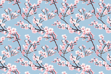 Seamless pattern of delicate pink cherry blossoms on blue background