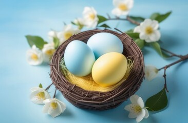 Easter Eggs with Spring Flowers on a Blue Background, Colored Holiday Egg Card