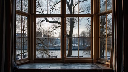  a large open window with a view of a snowy park and a lake outside of the window and trees outside of the window.