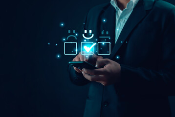 Businessman showing customer service evaluation concept Satisfaction score Global quality online business network on mobile