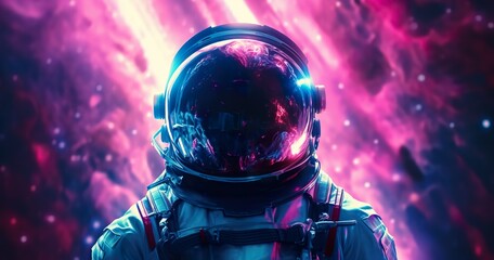 abstract illustration of astronaut floating in outer space, dreamlike cosmonaut in space suit flying on purple clouds of cosmos, astronomy concept - obrazy, fototapety, plakaty
