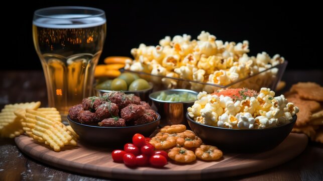 Snacks with beer and popcorn on a wooden background