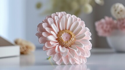  a pink flower sitting on top of a white table next to a white vase filled with pink and white flowers.