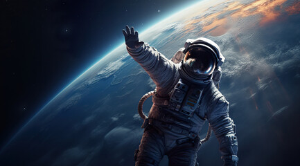 astronaut in space suit and helmet flying on orbit of far planet, cosmonaut orbiting Earth in cosmos, astronomy concept