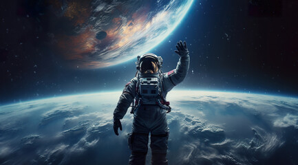 Fototapeta na wymiar astronaut in space suit and helmet flying on orbit of far planet, cosmonaut orbiting Earth in cosmos, astronomy concept