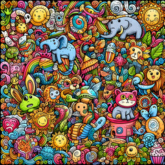 Colorful Doodle art piece with various animals and objects