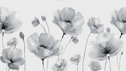  a group of white flowers on a white background with a black and white photo in the middle of the picture.