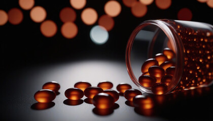 Prescription Pills Spilling from a Bottle on a Dark Background with Light Bokeh