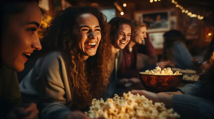 Group of friends eating popcorn and watching a movie in a pub or cinema