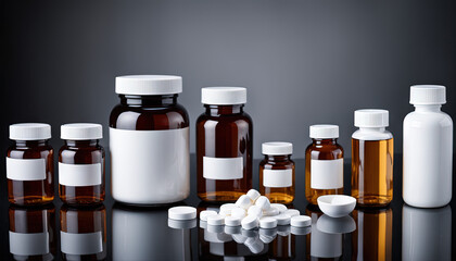 Variety of Medicine Bottles and White Pills on Reflective Surface
