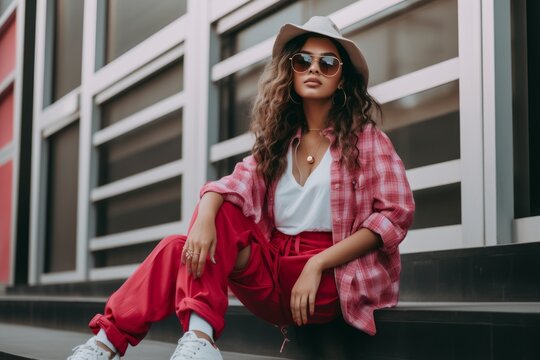 Outdoor fashion portrait of beautiful young woman in sunglasses and hat posing in the city.