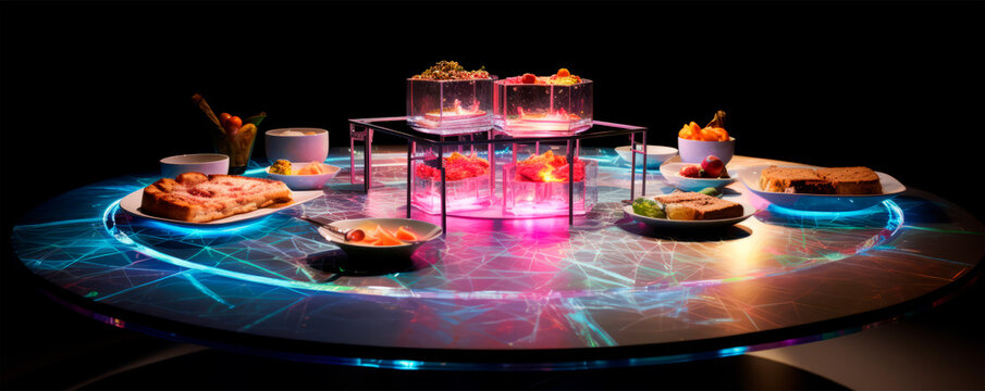 A futuristic restaurant concept with a neon-lit table showcasing an eclectic mix of traditional and contemporary dishes, creating a multi-sensory dining experience.