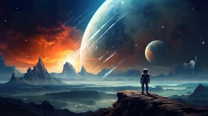 Fototapeta premium colorful illustration of astronaut in space suit and helmet exploring alien planet with mountains and stars and moons on night sky, astronomy concept 