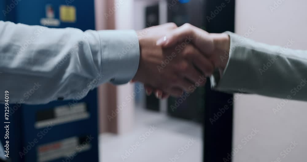 Poster engineer, shaking hands and information technology, server room success or introduction for cybersec