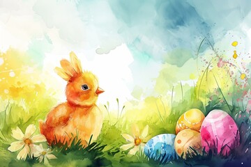 Watercolor illustration of easter theme with chicken, spring flowers plants and eggs 