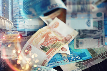 Russian money. Different denomination of bills. Finance concept. Double exposure city. - obrazy, fototapety, plakaty