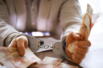 Hands in handcuffs behind, holding five thousand rubles. Concept of corruption