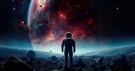 Fototapeta premium colorful illustration of astronaut in space suit and helmet exploring alien planet with mountains and stars and moons on night sky, astronomy concept 
