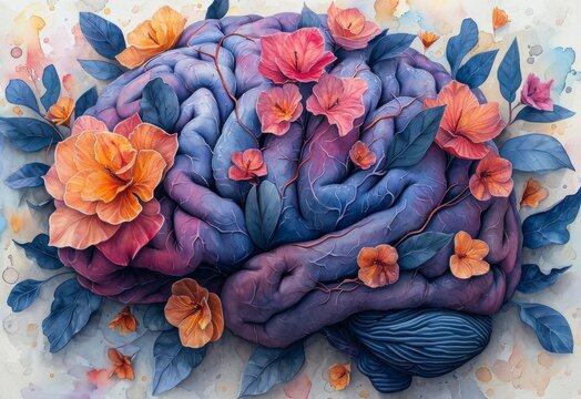 Concept of colorful icon of human brain. Abstract wallpaper, exploding in colors. Human brain with flowers