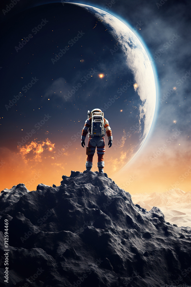 Canvas Prints colorful illustration of astronaut in space suit and helmet exploring alien planet with mountains an