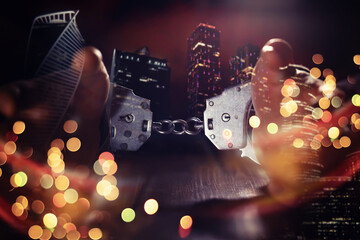 Double exposure of male hands locked in handcuffs with city landscape background, with cross processing filter. - obrazy, fototapety, plakaty