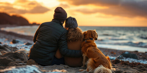 Ein älteres Ehepaar mit Hund kuschelt sich am Strand - Powered by Adobe