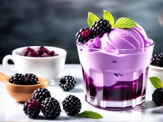 blackberry ice cream in glass with some blackberry fruites