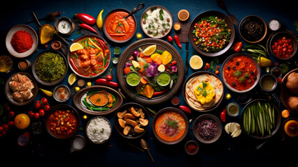 Vibrant array of international dishes, ingredients laid out on dark surface, with colorful spices, vibrant vegetables, varied textures, colors, invites you on global culinary journey. Culinary Recipes