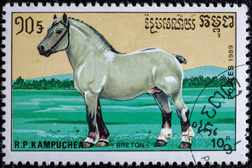 Cambodia, circa 1989: stamp printed in Cambodia.Horse series.shows     Breton horse.Cancelled...