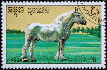 Cambodia, circa 1989: stamp printed in Cambodia.Horse series.shows     boulonnais, is a French...
