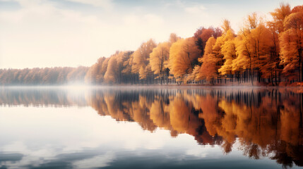 A lake with a colorful forest and clouds on the water,,
 A Kaleidoscope of Colors Mirrored in the...