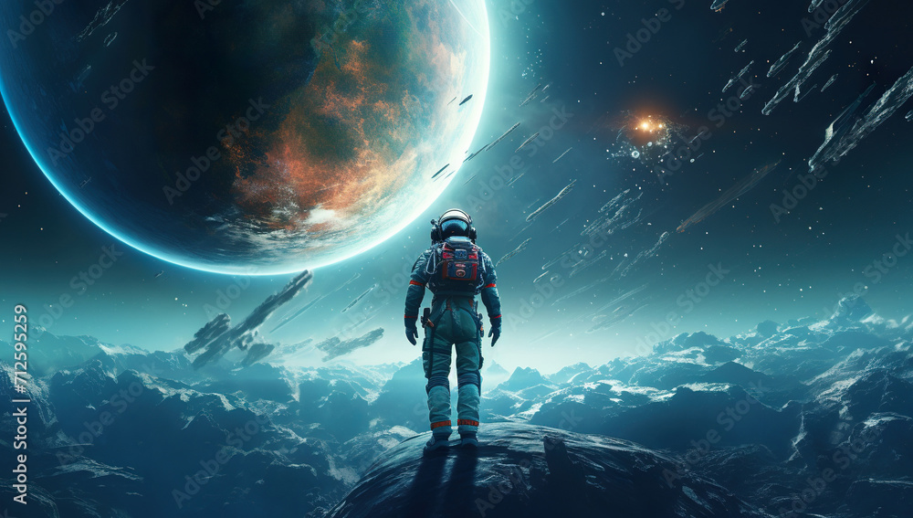 Canvas Prints colorful illustration of astronaut in space suit and helmet exploring alien planet with mountains an