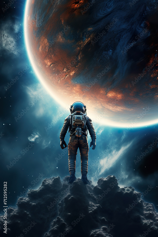 Wall mural colorful illustration of astronaut in space suit and helmet exploring alien planet with mountains an - Wall murals