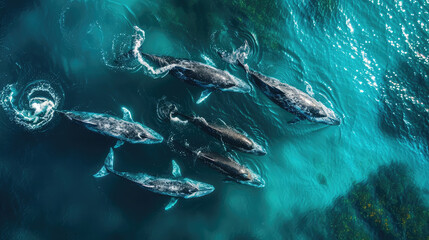 Pod of whales captured from above in crystal waters.