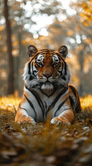 Tiger resting in the forest with autumn leaves backdrop.