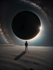boy standing on a planet looking at a black hole
