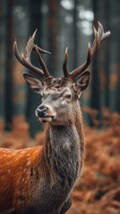 A regal red deer stag with a full rack of antlers amid autumn foliage.