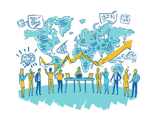 Doodles showing Global trade, investing. The business team stands at a table in the shape of an rising arrow and discusses strategy and global growth goals.. Business vector illustration.