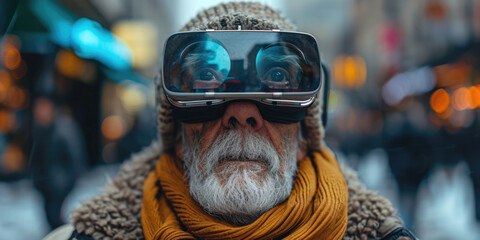 Ein alter Mann trägt ein VR Headset - obrazy, fototapety, plakaty